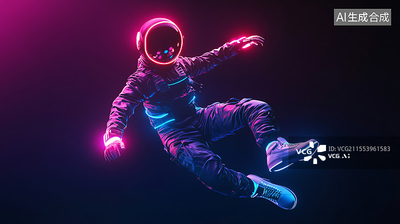 【AI数字艺术】一位炫彩漂浮的太空人在太空中，周围环绕着耀眼的色彩，象征着探索、自由和宇宙的无限可能。此概念捕捉了太图片素材