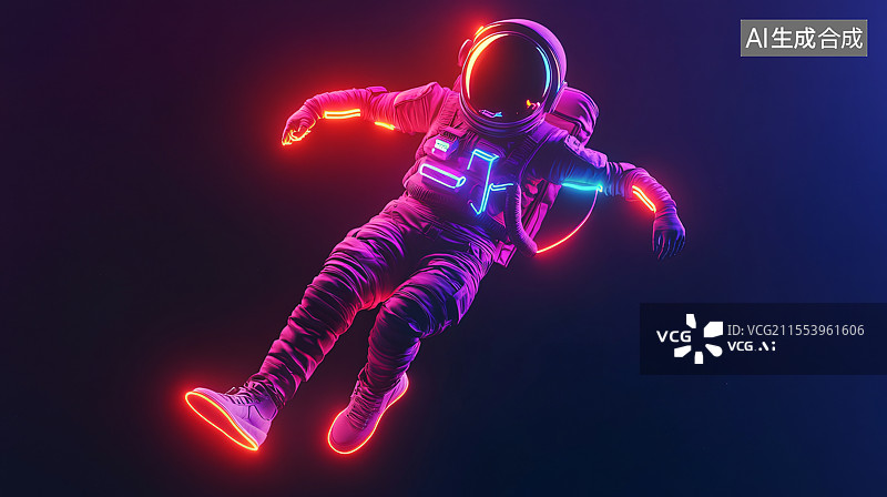 【AI数字艺术】一位炫彩漂浮的太空人在太空中，周围环绕着耀眼的色彩，象征着探索、自由和宇宙的无限可能。此概念捕捉了太图片素材