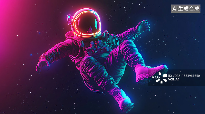 【AI数字艺术】一位炫彩漂浮的太空人在太空中，周围环绕着耀眼的色彩，象征着探索、自由和宇宙的无限可能。此概念捕捉了太图片素材