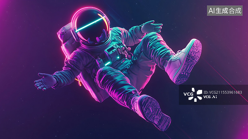 【AI数字艺术】一位炫彩漂浮的太空人在太空中，周围环绕着耀眼的色彩，象征着探索、自由和宇宙的无限可能。此概念捕捉了太图片素材