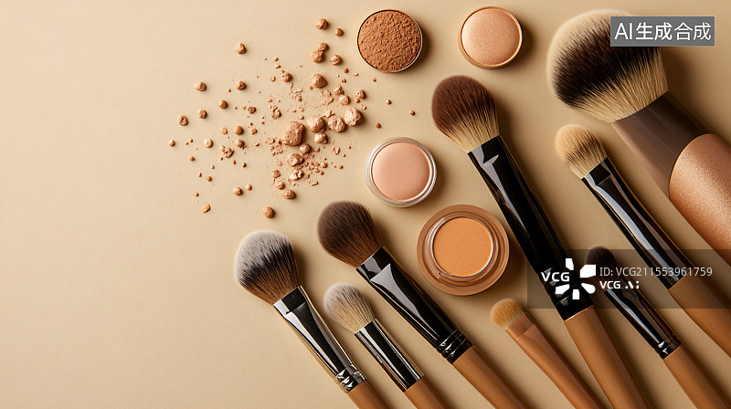 【AI数字艺术】化妆刷、眼影和腮红等化妆工具的特写，背景为简单的纯色，象征美丽、时尚和自我表达的艺术，突出化妆的魅力图片素材