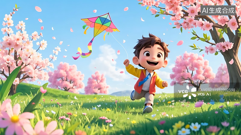 【AI数字艺术】春天公园里放风筝的男孩插画图片素材