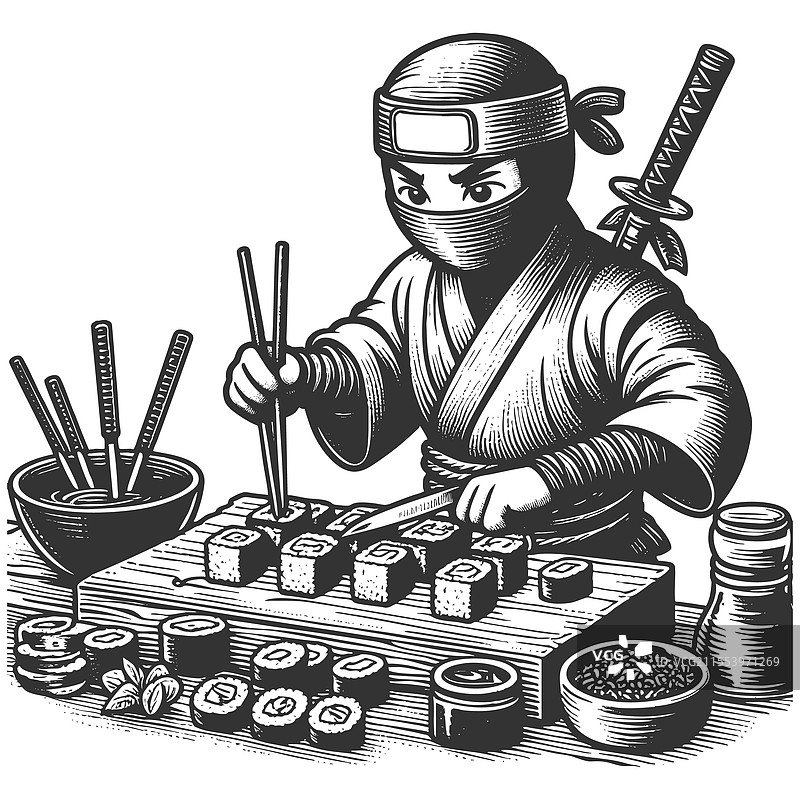 可爱的忍者在吃寿司的卡通雕刻图片素材