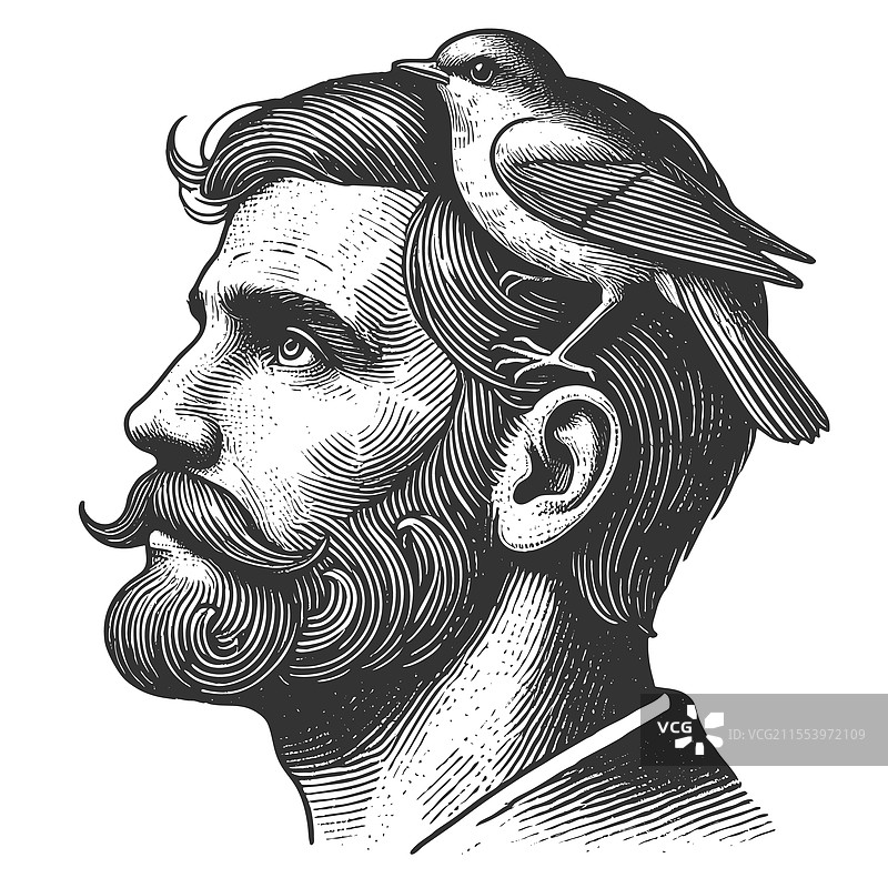 复古风格的男人头上有只鸟图片素材