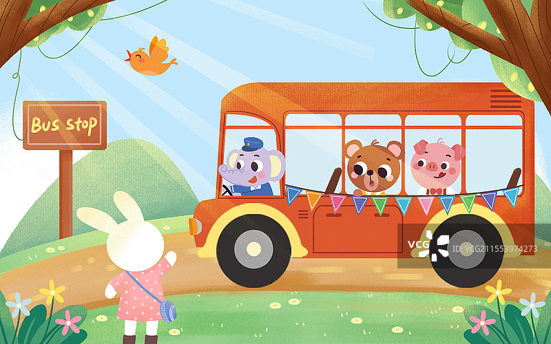 卡通小清新风格之小动物坐车出行插画世界动物日图片素材