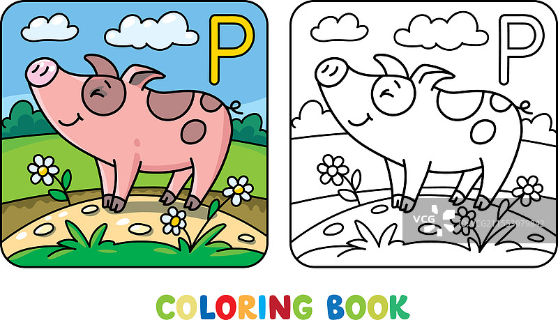 有趣的小猪动物涂色书，适合儿童使用图片素材
