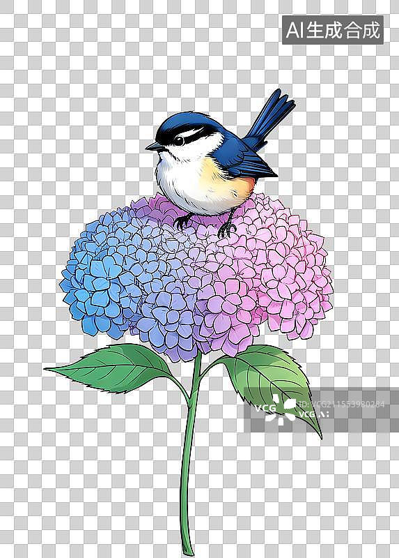 【AI数字艺术】站在绣球花上的一只小鸟图片素材