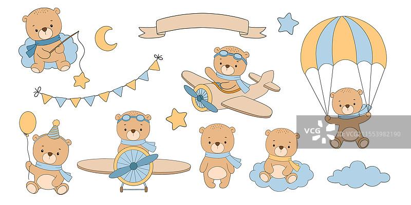 可爱的熊宝宝飞行员在飞机上带着降落伞图片素材