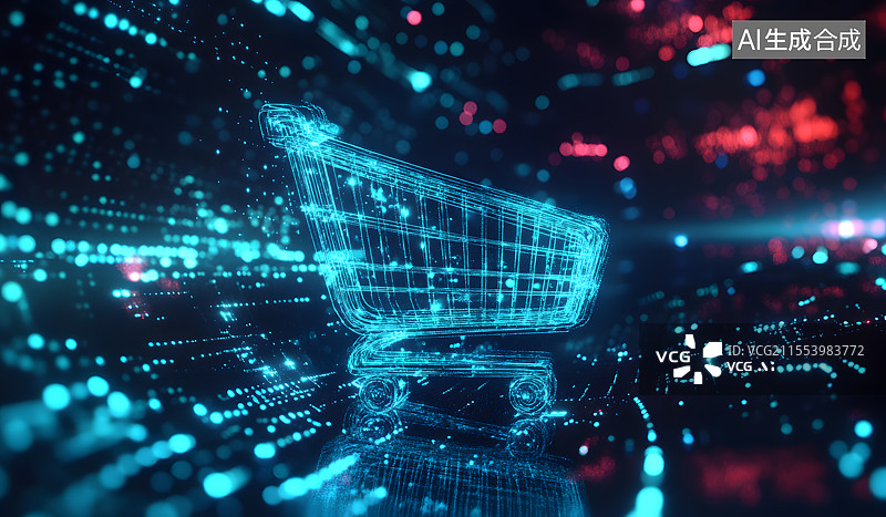 【AI数字艺术】蓝色发光粒子科技背景中的购物车，网络购物电商商业科技数据网络概念插画图片素材