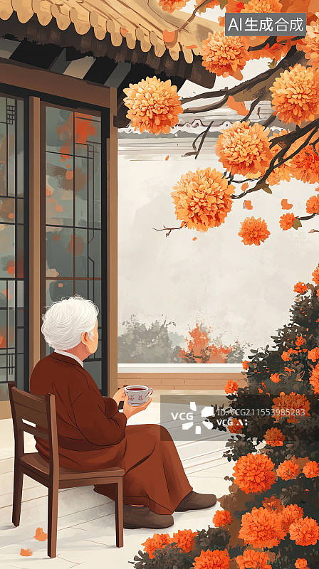 【AI数字艺术】重阳节老人独坐在庭院里赏菊图片素材