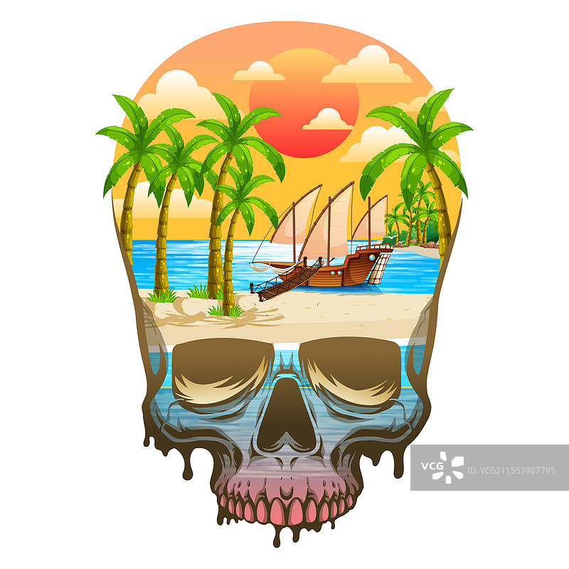 夏季骷髅图案的海滩T恤设计图片素材