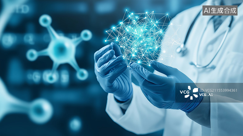 【AI数字艺术】医学研究与科技创新人工智能概念背景——利用AR手段医生手持分子模型进行分析图片素材