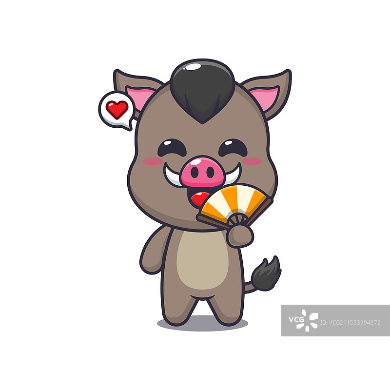 手持扇子的野猪吉祥物卡通角色图片素材