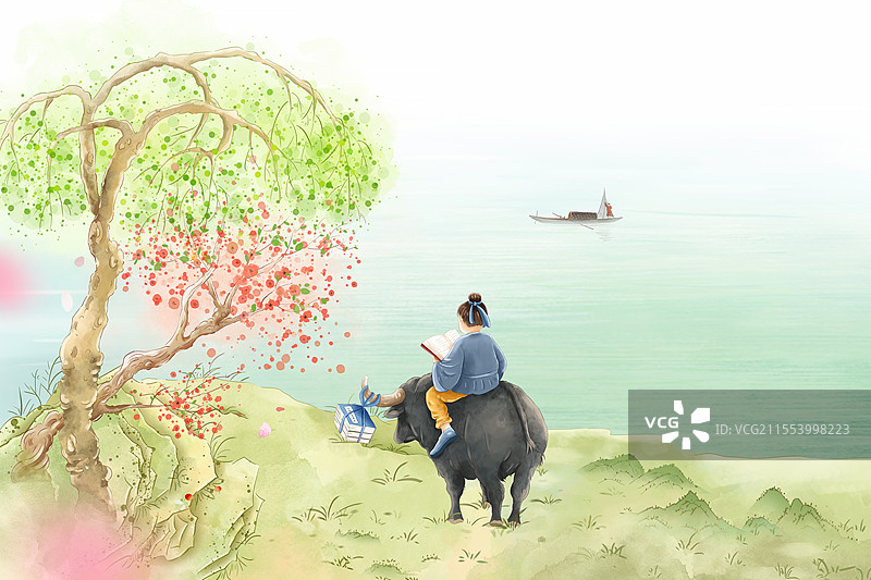 中国成语故事插画-牛角挂书 在河边放牛的牧童 坐在牛背上读书的男孩 牛角上挂书籍 中国风山水画 横版图片素材