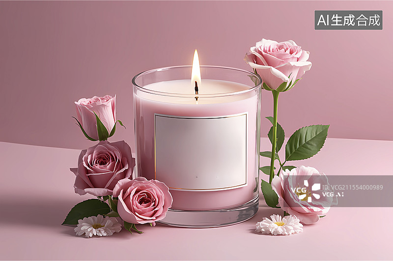 【AI数字艺术】粉色浪漫香薰玫瑰蜡烛摆台特写图片素材