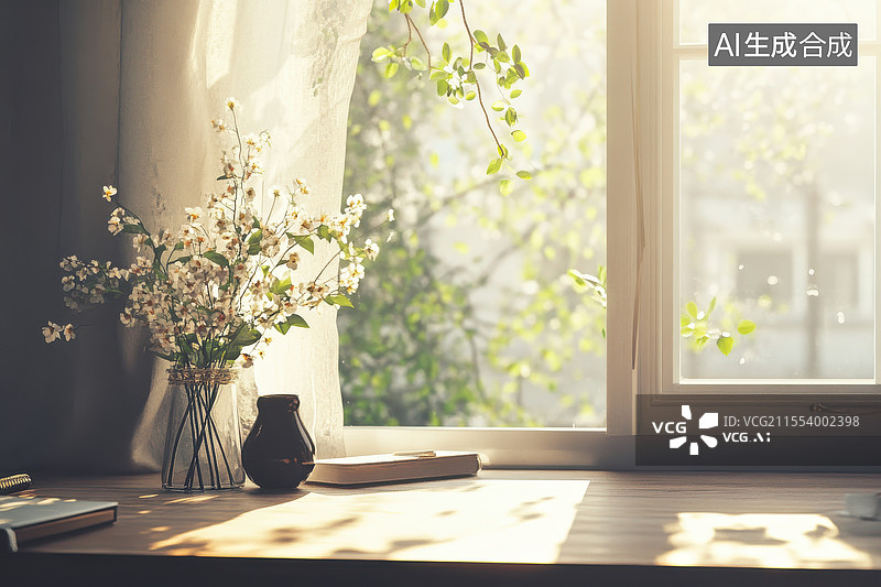 【AI数字艺术】窗边的花与书香图片素材
