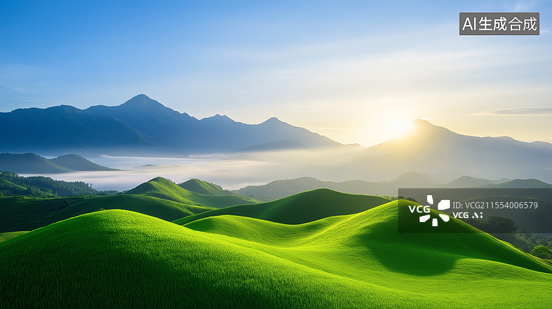 【AI数字艺术】绿色山丘与日出图片素材