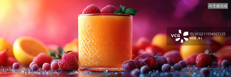 【AI数字艺术】新鲜水果装饰的橙色冰沙饮品摄影风格广告素材图片素材