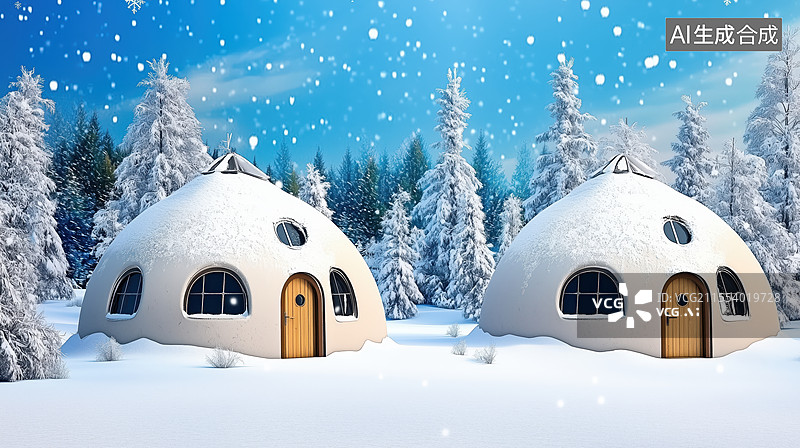 【AI数字艺术】冬日雪景中的圆顶小屋图片素材