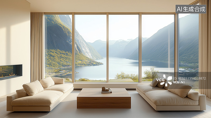 【AI数字艺术】极简山景房客厅设计图片素材