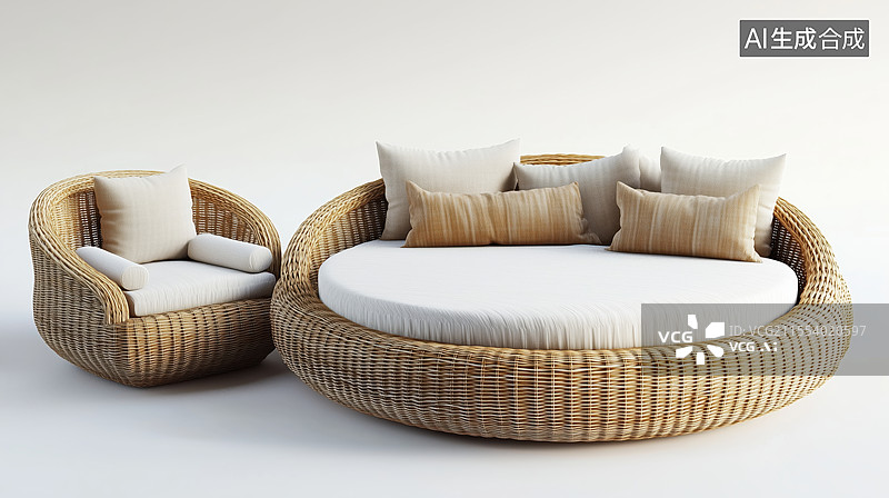 【AI数字艺术】藤编圆形沙发与扶手椅图片素材