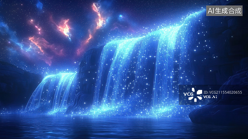 【AI数字艺术】萤火虫瀑布夜景图片素材