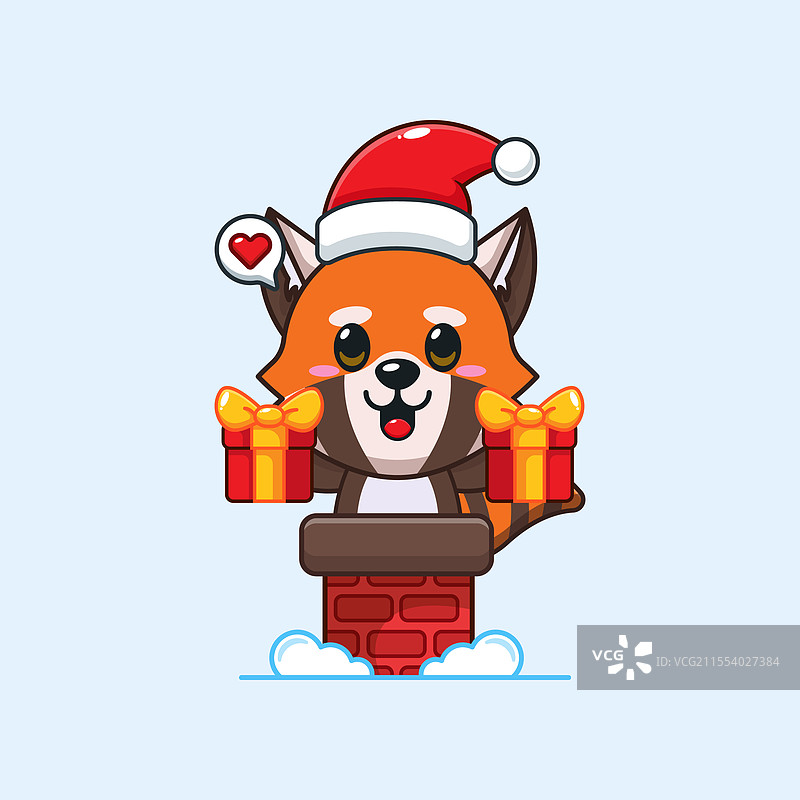 可爱的红熊猫戴着圣诞帽，手里拿着圣诞礼物图片素材