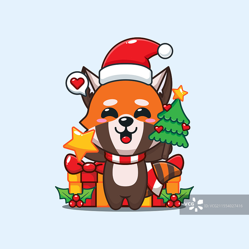 可爱的红熊猫抱着星星和圣诞树图片素材