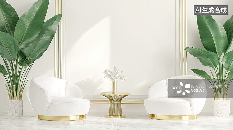 【AI数字艺术】3D高级感写实两个沙发金属静物植物天堂鸟树叶盆栽室内极简商务时尚白色绿色人造空间放松家居装饰边框背景图片素材