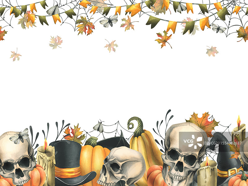 人类头骨与橙色南瓜蜡烛在夜晚图片素材