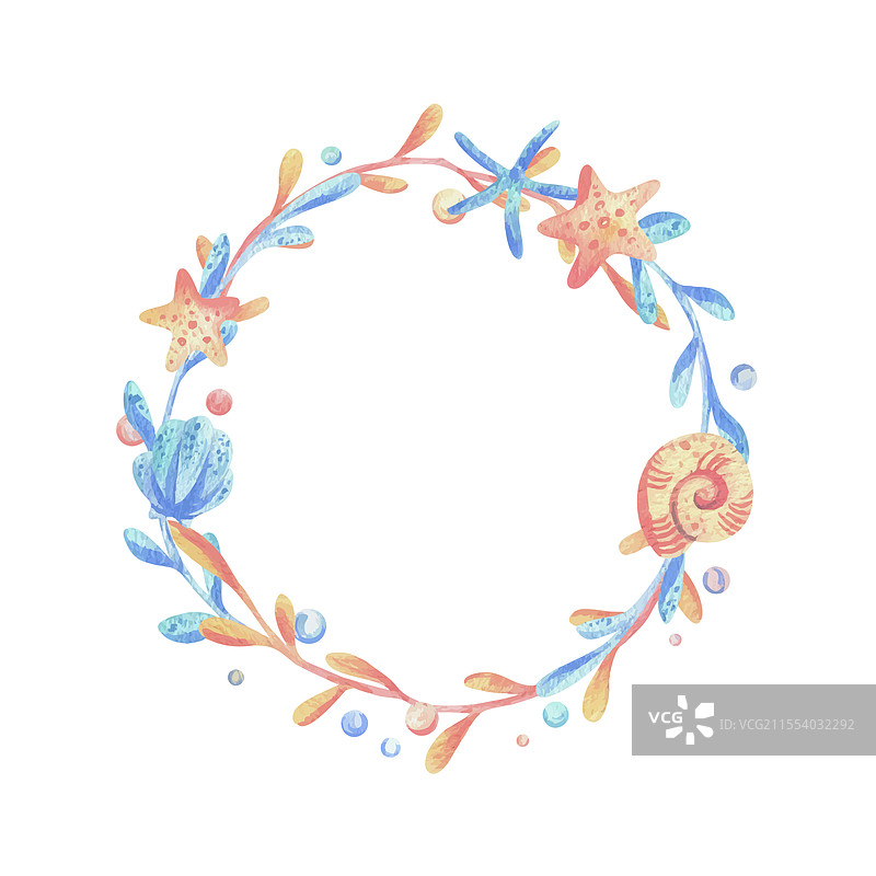海洋珊瑚、藻类、贝壳、海星和气泡图片素材