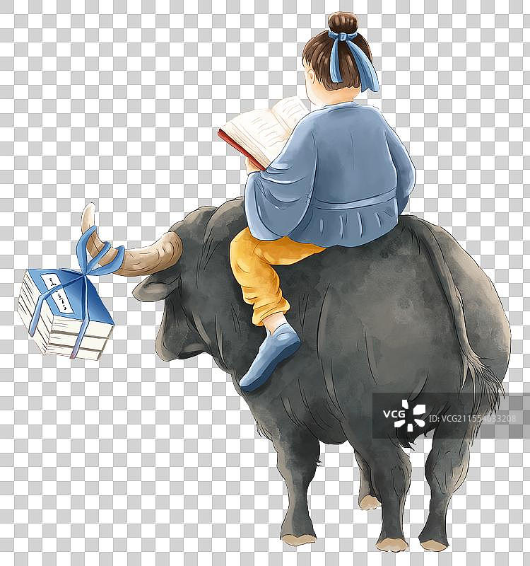 中国成语故事插画-牛角挂书 放牛的牧童 坐在牛背上读书的男孩 牛角上挂书籍图片素材