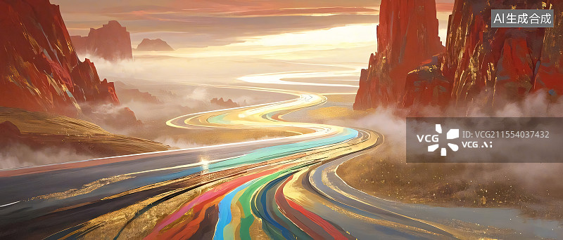 【AI数字艺术】国潮风宏伟气势山河插画图片素材