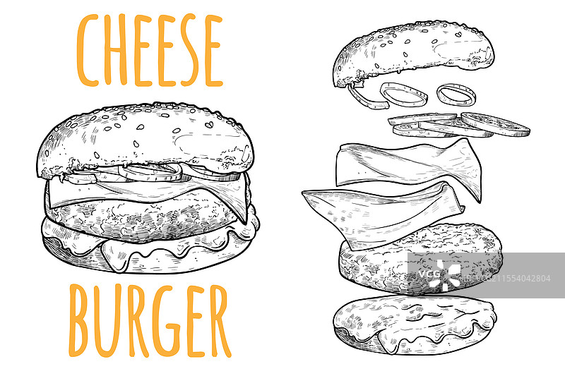 汉堡包及其配料的黑色线条艺术图片素材