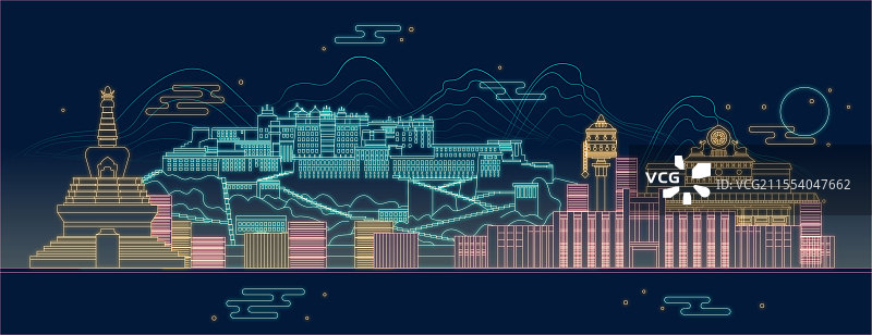 西藏拉萨地标建筑矢量图国风新中式霓虹灯赛博朋克图片素材