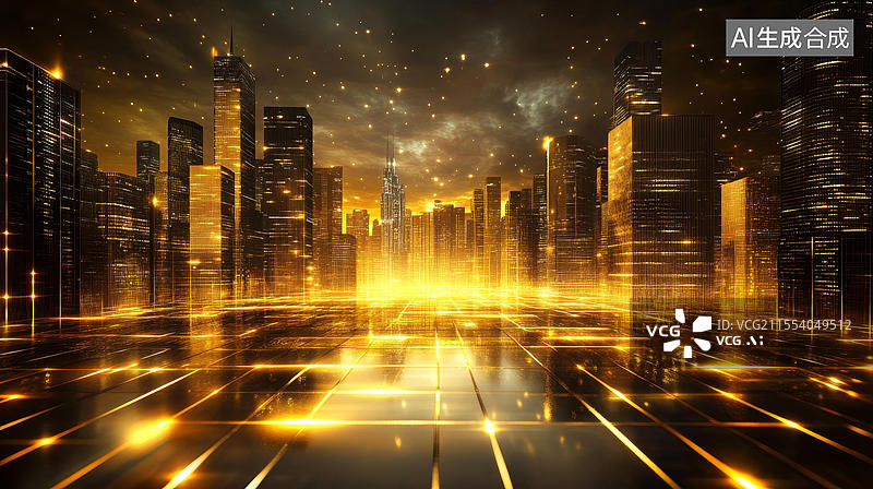 【AI数字艺术】未来金黄色城市夜景图图片素材