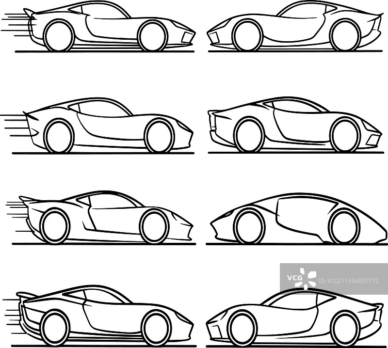 现代运动轿车的单线风格侧面轮廓图片素材