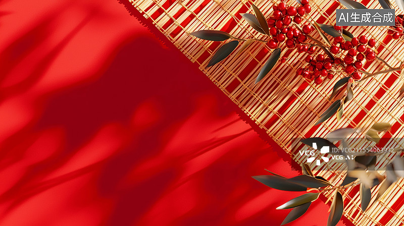 【AI数字艺术】3D装饰边框吉祥果竹编光影金属竹子火棘植物高级感新中式国风喜庆大气时尚金色红色商务春节吉祥留白背景图片素材