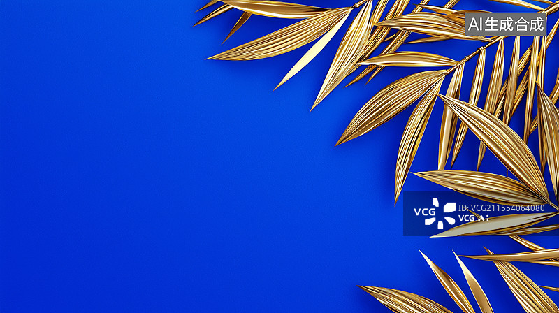【AI数字艺术】3D装饰边框竹叶竹子金属雕刻植物高级感新中式国风插图高雅大气时尚金色蓝色商务春节吉祥抽象留白右侧背景图片素材