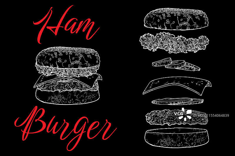 黑色背景上的白色汉堡线条艺术图片素材