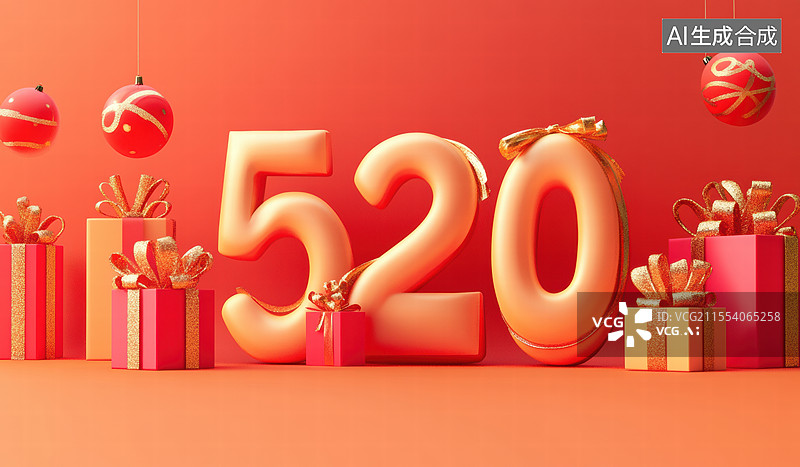 【AI数字艺术】一个巨大的数字“520”，周围环绕着各种礼物盒、气球和装饰物。背景是温暖的橙色.图片素材