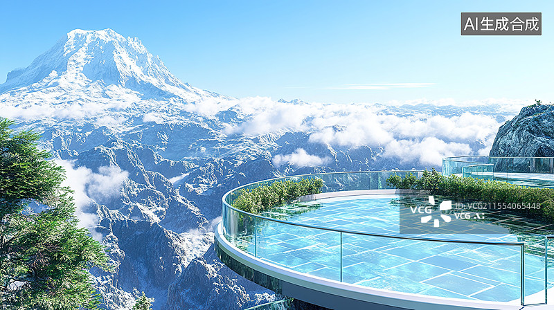 【AI数字艺术】自然风光户外雪山平台3D渲染露台鸟瞰雄伟雪山玻璃砖与白色大理石衬映郁郁葱葱的绿坡和碧空汽车广告背景图片素材
