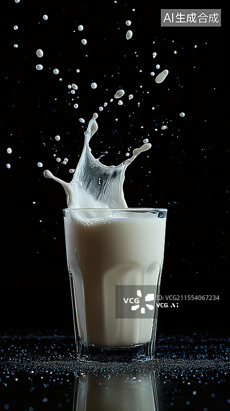 【AI数字艺术】牛奶乳液乳制品饮料黑色背景上动感的牛奶飞溅产品广告海报设计或艺术插画图片素材