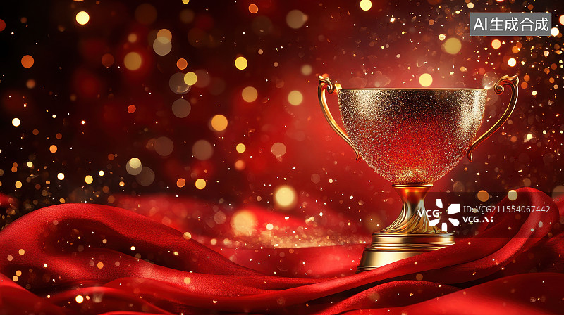 【AI数字艺术】红色背景与金色奖杯，比赛活动获奖庆祝海报背景图片素材