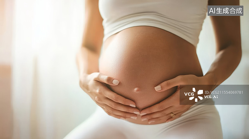 【AI数字艺术】亚洲女性孕妇抚摸肚子特写图片素材