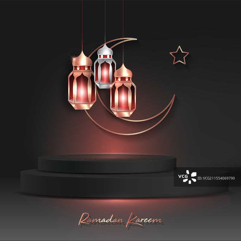 奢华的拉马丹3D伊斯兰讲台，金色阿拉伯灯饰图片素材