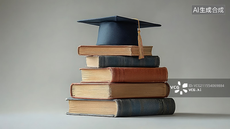 【AI数字艺术】叠放的一摞书和学士帽，教育主题背景图片素材