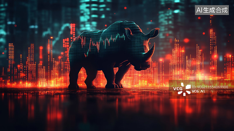 【AI数字艺术】灰犀牛动物和股市数据波动，金融危机主题背景图片素材