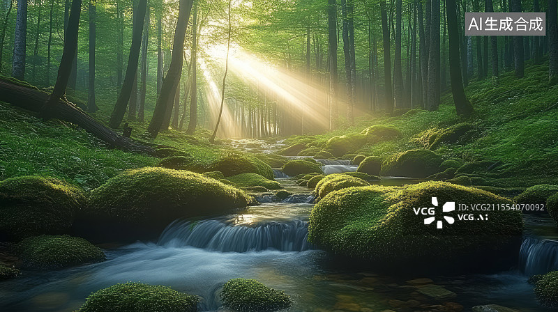 【AI数字艺术】阳光透过树叶照进森林和溪流瀑布图片素材