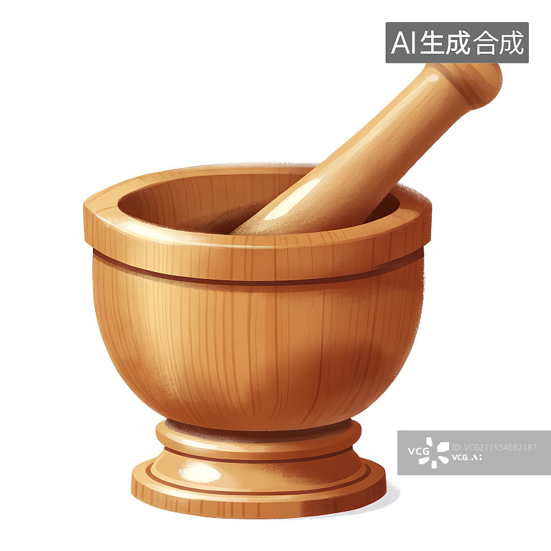 【AI数字艺术】国风手绘插画，研钵，木制研磨器，捣药罐，臼和杵。中医中药图片素材